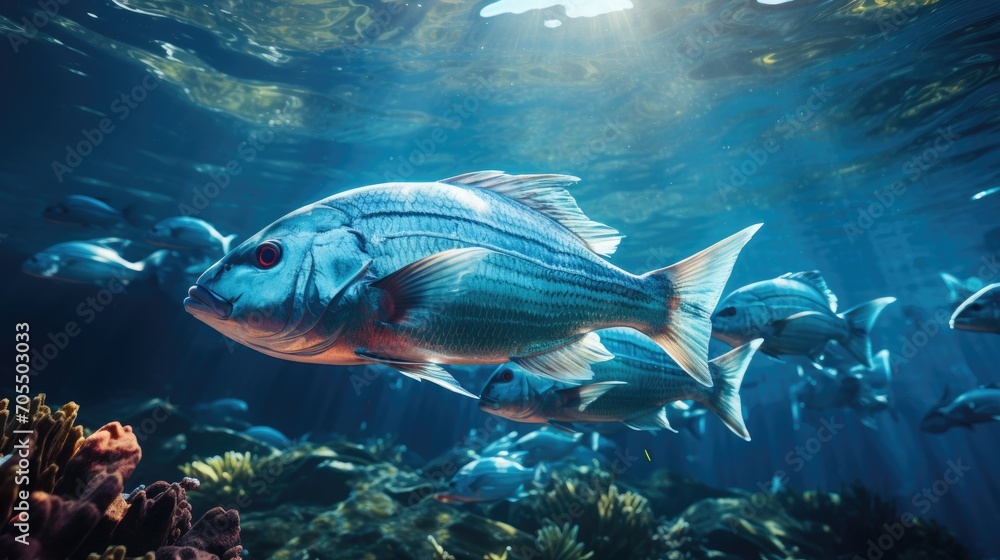 Fototapeta premium Underwater fish in blue sea water