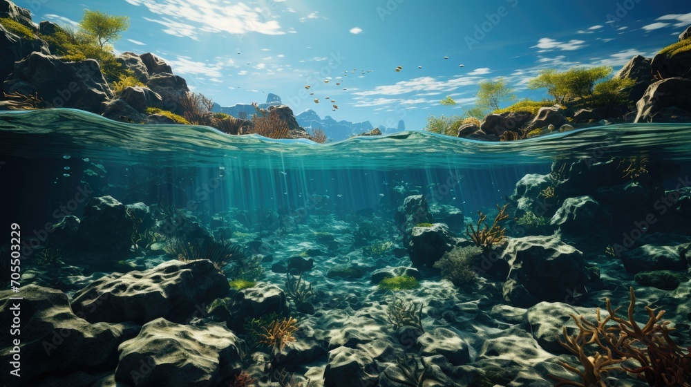 View of the seabed of an underwater coral reef with the horizon and water surface separated by a water line