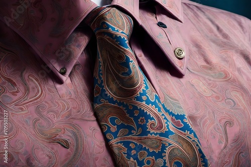 Elegant paisley tie against a pale pink dress shirt.
