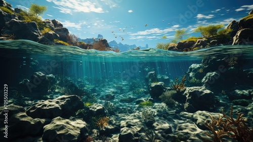 View of the seabed of an underwater coral reef with the horizon and water surface separated by a water line © Hnf