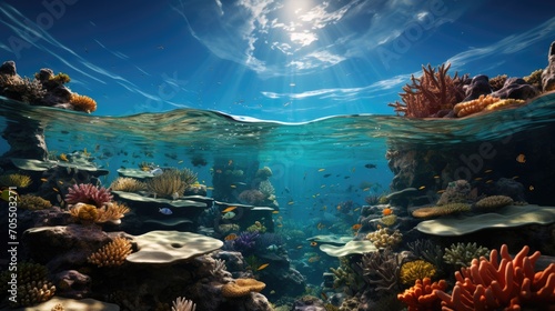 underwater scene with coral reefs and world ocean wildlife landscape © Hnf