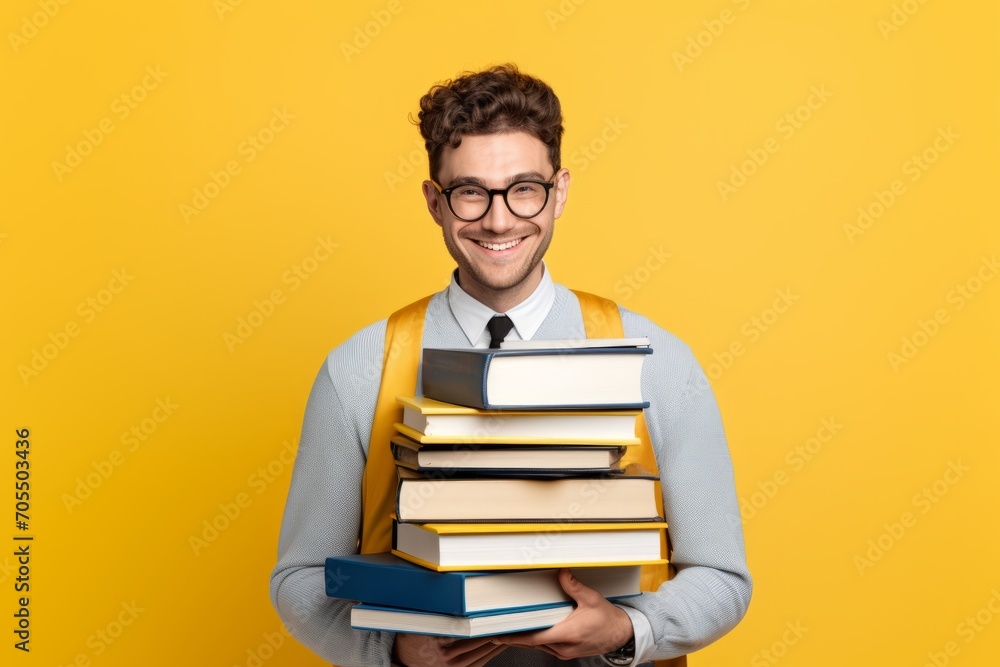 Young man with glasses smiling, holding a folder and leaning on a stack of books against a yellow background. Young man with glasses smiling, holding a folder and leaning on a stack of books against a yellow background.