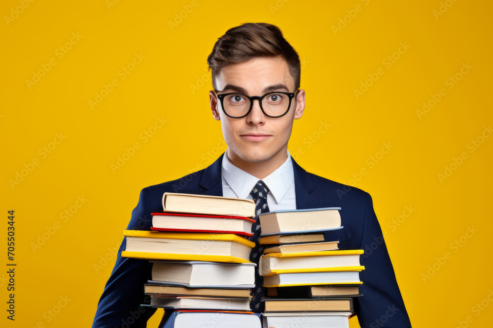 Young man in glasses and suit holding a stack of books against a yellow background. Young man in glasses and suit holding a stack of books against a yellow background.