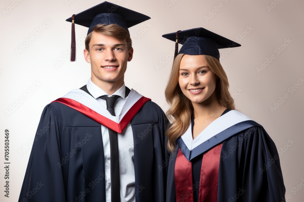 Two smiling graduates in cap and gown posing for a portrait. Two smiling graduates in cap and gown posing for a portrait.