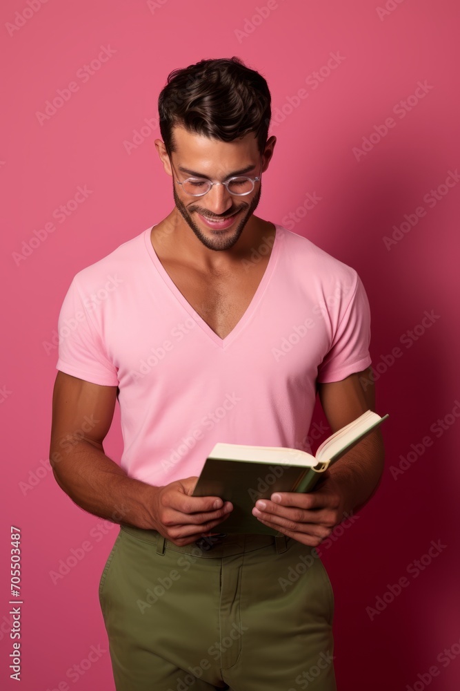Smiling young man in a pink V-neck shirt and glasses reading a book against a pink background. Smiling young man in a pink V-neck shirt and glasses reading a book against a pink background.