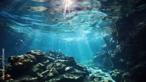 Underwater sunlight through the water surface seen from the seabed