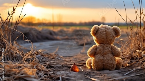   teddy bear sitting on the ground overlooks sunset,Teddy Day, Propose day, Valentines day photo