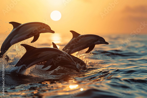 Dolphins Gliding at Sunset in Peaceful Ocean Waters