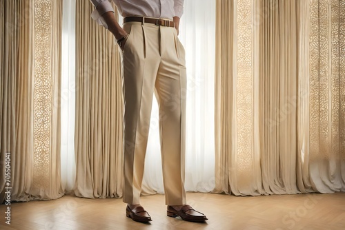 Cream-colored dress pants for a sophisticated look.