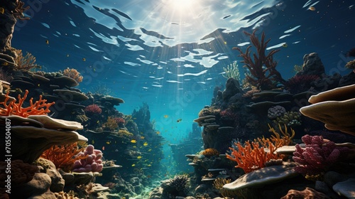 Underwater view of coral reefs and fish. Life in the ocean.