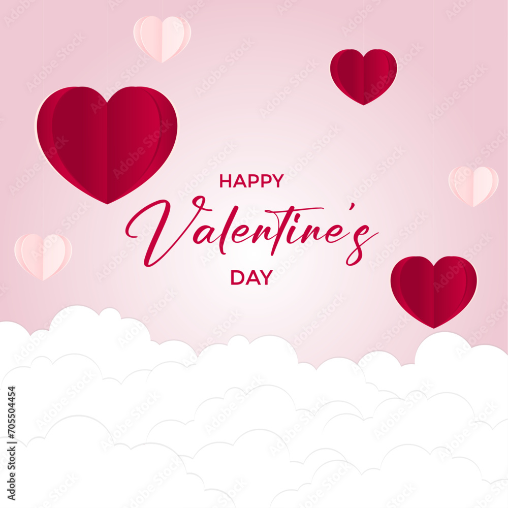 Horizontal banner with pink sky and paper cut clouds. Happy Valentine's day social media post template with hearts and pastel colors. Horizontal banner with pink sky and paper cut clouds. Happy Valentine's day social media post template with hearts and pastel colors.