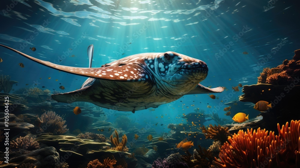 Fototapeta premium Underwater world. Coral reefs. Sea Stingray
