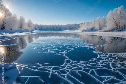 Icy patterns on a frozen pond's surface.