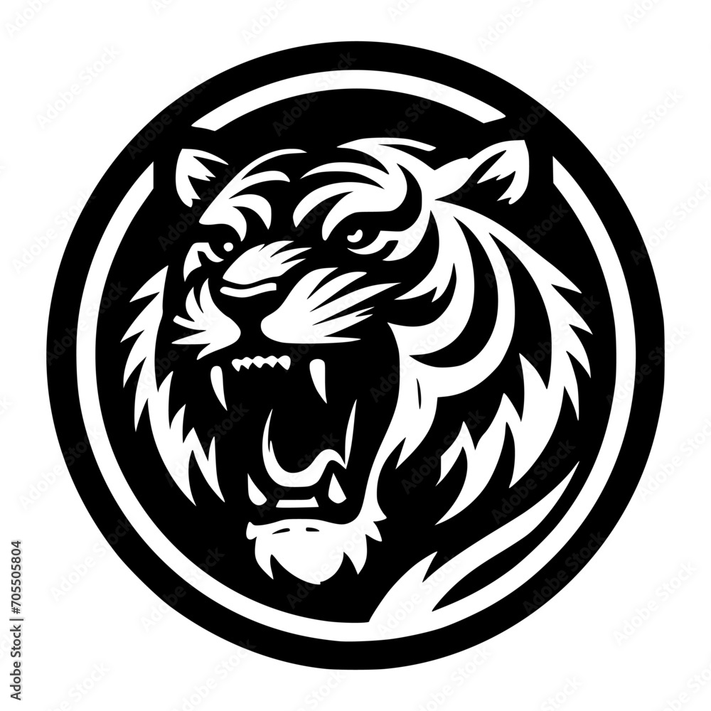 Vector logo of a roaring tiger. Black and white illustration of tiger hiss. vector logo for brand, emblem, tattoo.