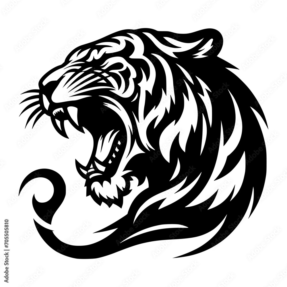 Vector logo of a roaring tiger. Black and white illustration of tiger hiss. vector logo for brand, emblem, tattoo. Vector logo of a roaring tiger. Black and white illustration of tiger hiss. vector logo for brand, emblem, tattoo.