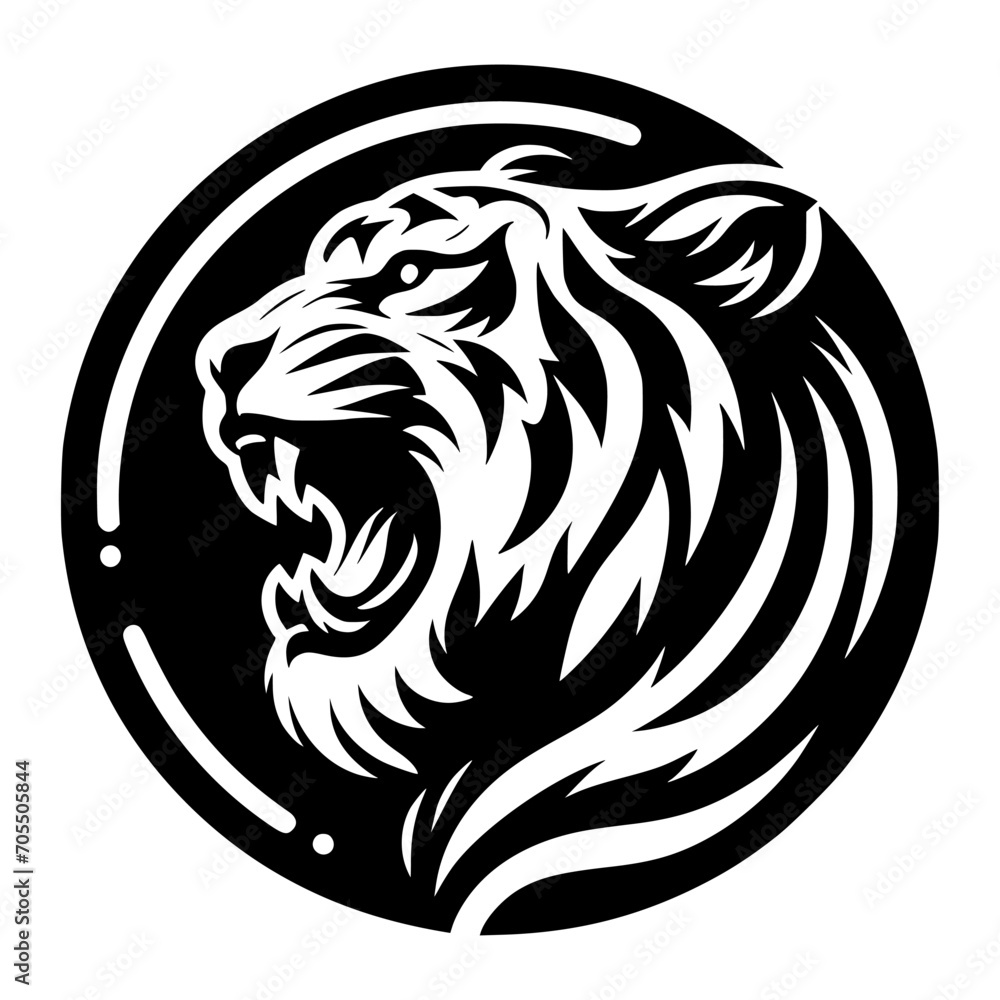 Vector logo of a roaring tiger. Black and white illustration of tiger hiss. vector logo for brand, emblem, tattoo.