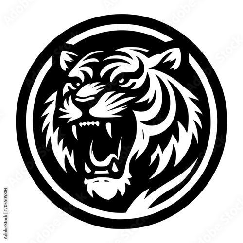 Vector logo of a roaring tiger. Black and white illustration of tiger hiss. vector logo for brand, emblem, tattoo.