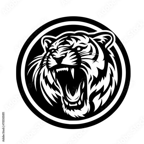 Vector logo of a roaring tiger. Black and white illustration of tiger hiss. vector logo for brand, emblem, tattoo.