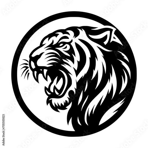 Vector logo of a roaring tiger. Black and white illustration of tiger hiss. vector logo for brand, emblem, tattoo.