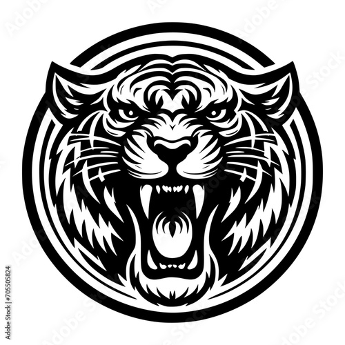 Vector logo of a roaring tiger. Black and white illustration of tiger hiss. vector logo for brand, emblem, tattoo.