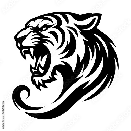 Vector logo of a roaring tiger. Black and white illustration of tiger hiss. vector logo for brand, emblem, tattoo.