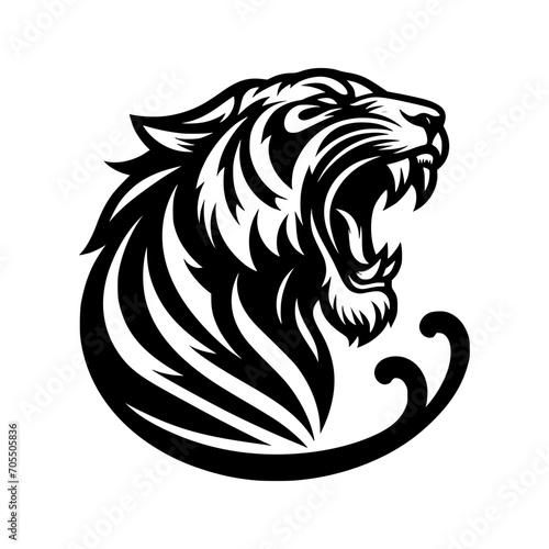 Vector logo of a roaring tiger. Black and white illustration of tiger hiss. vector logo for brand, emblem, tattoo.