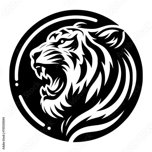 Vector logo of a roaring tiger. Black and white illustration of tiger hiss. vector logo for brand, emblem, tattoo.