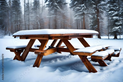 A winter picnic table in the snow.