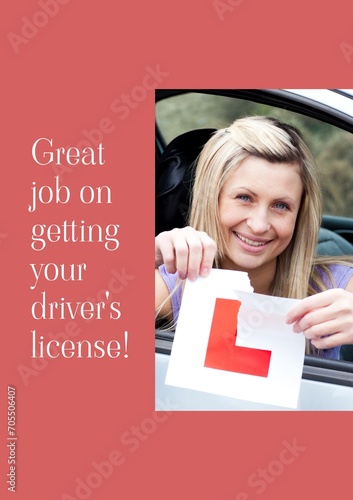 Great job on getting your driving license text over happy caucasian woman in car tearing l plate