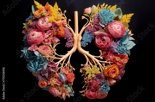 a large floral arrangement of flowers arranged in the shape of a human lungs, with a wooden stick sticking out of the center, generative ai
