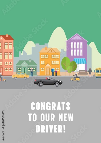 Congrats to our new driver text on grey over colourful street with buildings and vehicles on road © vectorfusionart