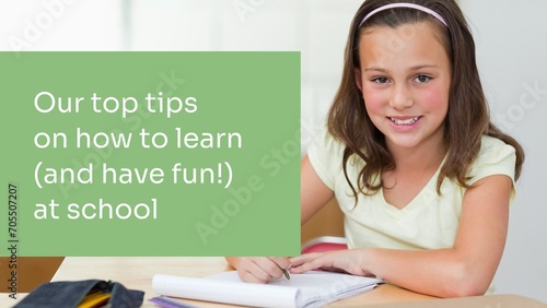 Composite of our top tips on how to learn at school text over caucasian schoolgirl