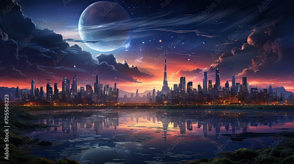Utopia Anime Futuristic City Skyline Scenery Art Illustration. Sustainable Buildings Science Fiction Conceptual Background. Future Life AI Neural Network Digital Painting Generated Art
