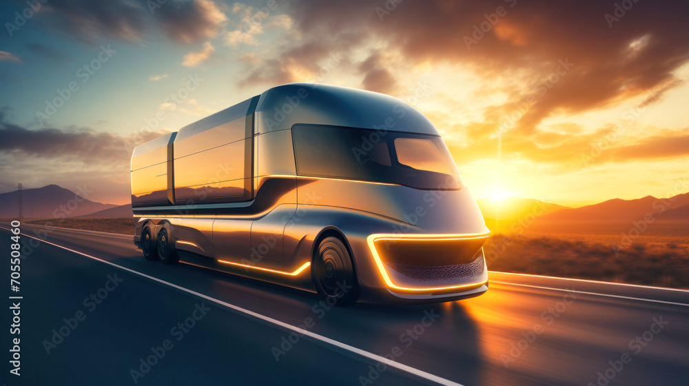 Stunning image of an electric semi-trailer driving down a highway during sunset. A futuristic truck is driving along the highway. The concept of road transport in the future.