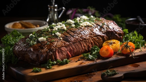 marinated grilled beef flank steak on wooden board