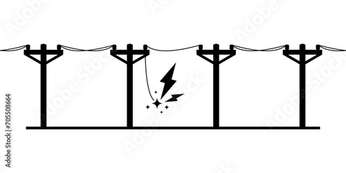 Black broken electric wire of high power voltage pole is damaged and short circuit spark cause danger electrocution risk icon flat vector design