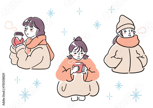 冬の装いをした女性のイラストセット。人物イラスト素材。