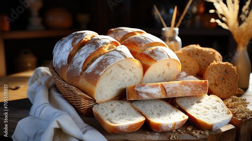 white bread or slices of bread in a basket with a white cloth. © Hnf