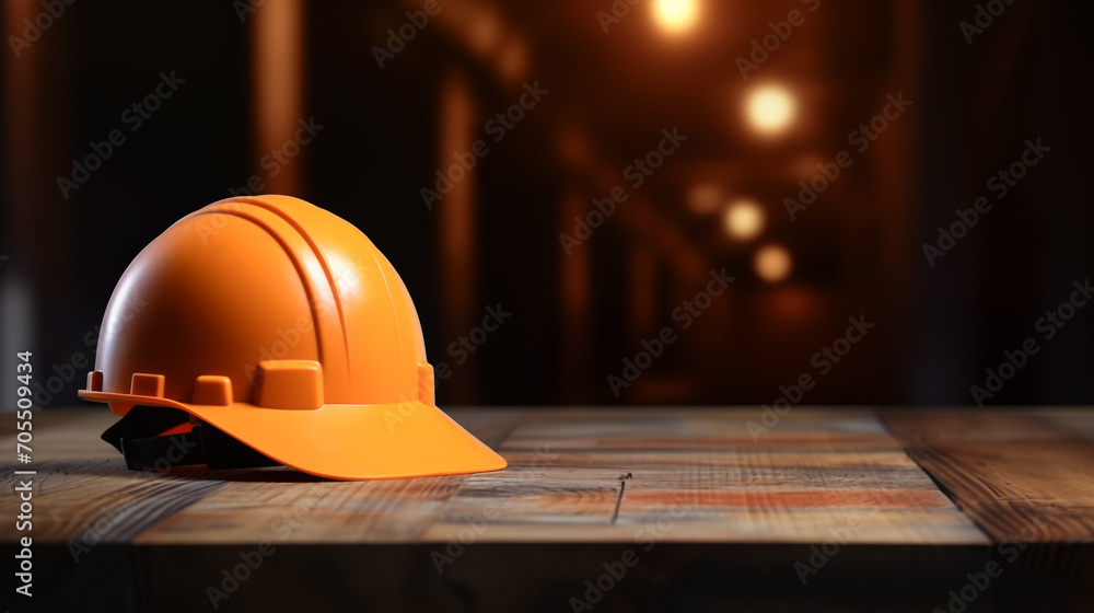 Yellow construction helmet. The construction site as a background with copy space. - obrazy, fototapety, plakaty 
