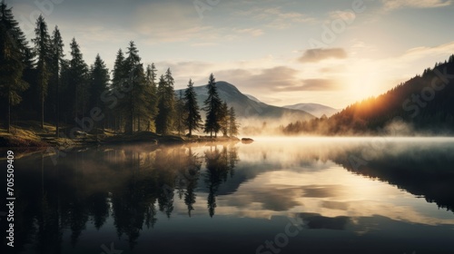 An alpine lake with mountains and trees, colorful reflections on the water, fog, mountains on the background, landscape photography, wallpaper 