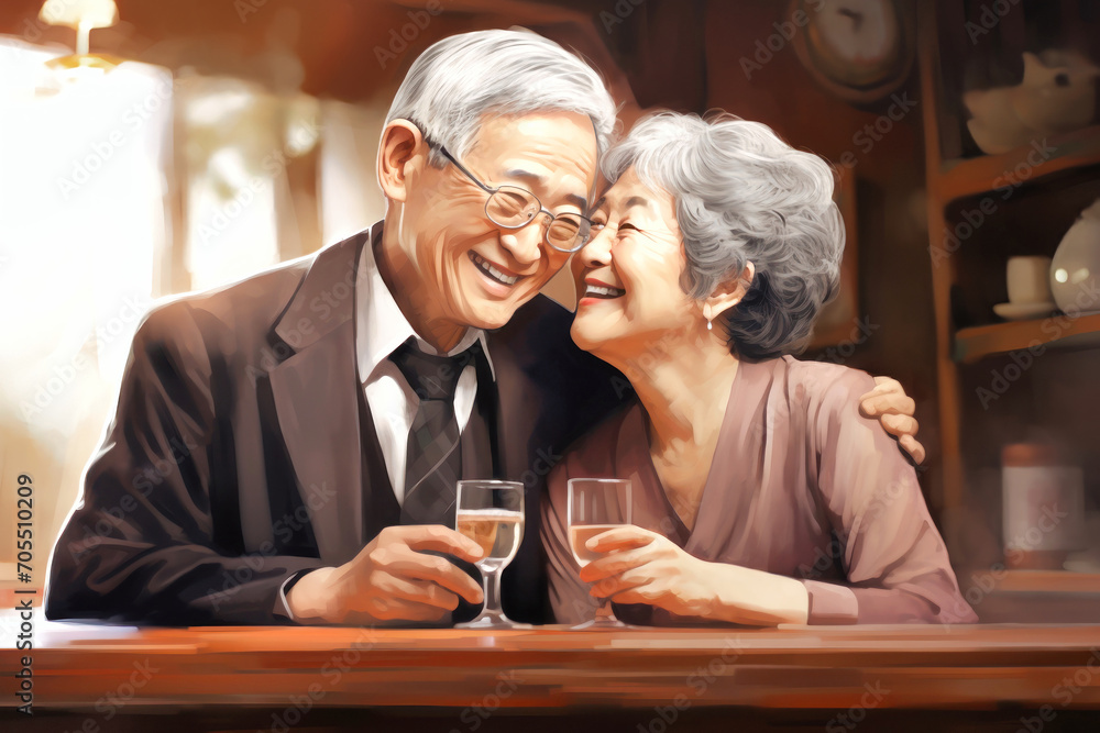 The concept of an active social lifestyle for older people. An elderly Asian couple drinks alcoholic drinks in a bar or restaurant. Lovers enjoying happy hour at the bar. The concept of an active social lifestyle for older people. An elderly Asian couple drinks alcoholic drinks in a bar or restaurant. Lovers enjoying happy hour at the bar.