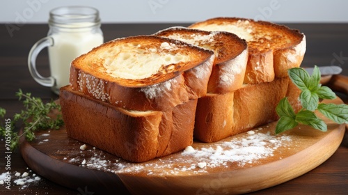 White Toast Bread with wheat flour on a wooden plate photo