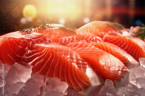 Chilled salmon fillet with herbs close-up. Fresh diet fish advertising concept.