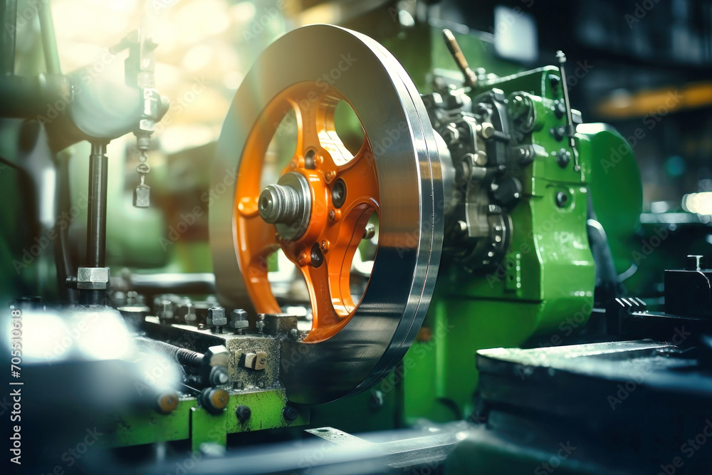Photo of an orange-wheeled machine for various uses. Modern metal processing at an industrial enterprise. Manufacturing of high-precision parts and mechanisms. Photo of an orange-wheeled machine for various uses. Modern metal processing at an industrial enterprise. Manufacturing of high-precision parts and mechanisms.