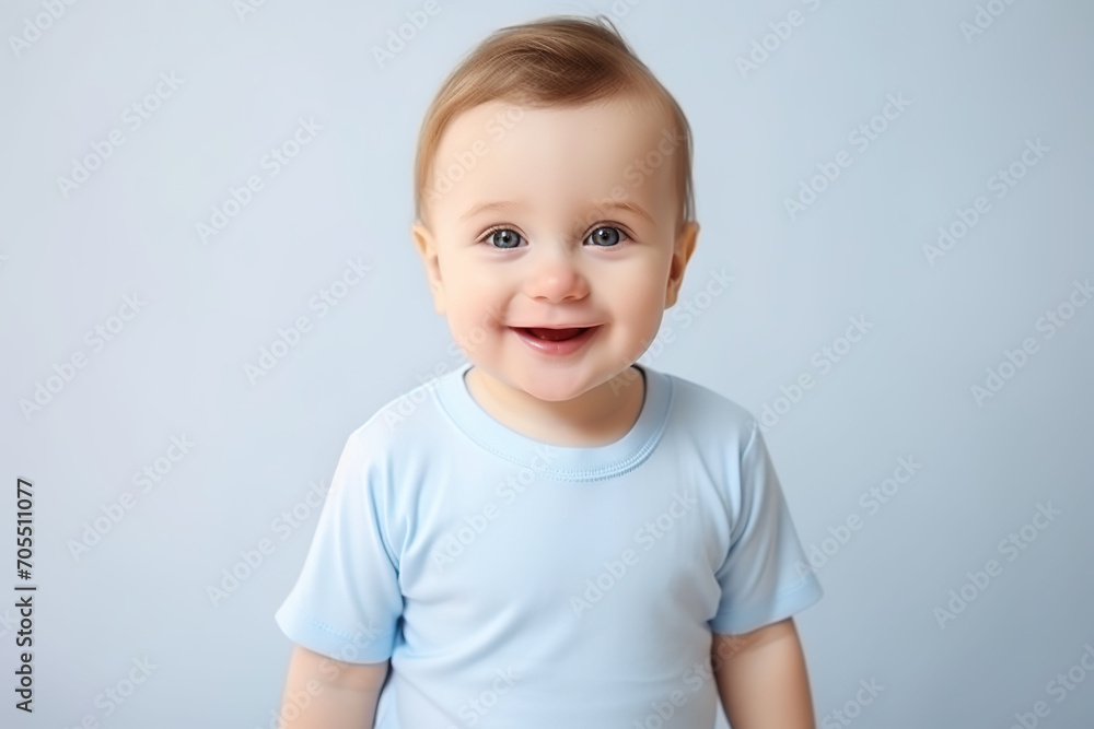 Cute little baby in blue t-shirt.