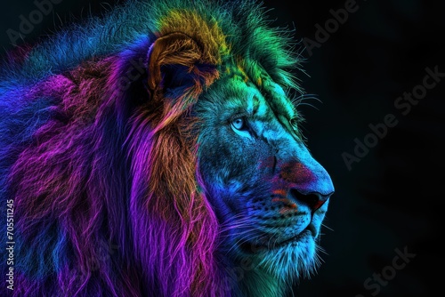 Portrait of Lion in neon colors  dark background