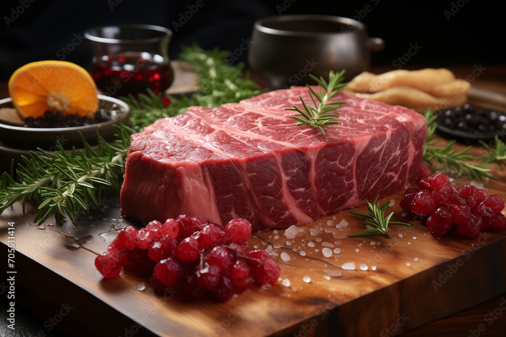 Raw beef sliced on wooden board with rosemary and red wine in glass on wooden table. Raw beef sliced on wooden board with rosemary and red wine in glass on wooden table.