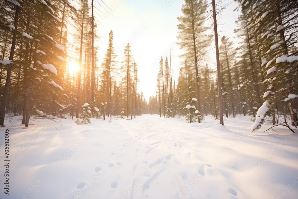 snowshoers tracks leading through a snowy pine forest snowshoers tracks leading through a snowy pine forest
