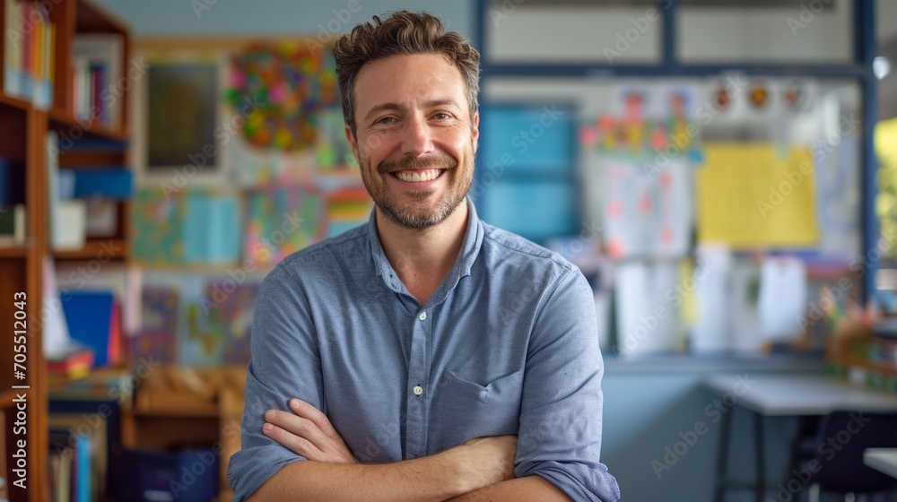 Portrait of smiling male teacher in a class at elementary school looking at camera with behind them is a backdrop of a classroom background Portrait of smiling male teacher in a class at elementary school looking at camera with behind them is a backdrop of a classroom background