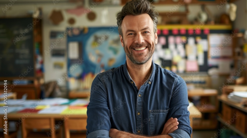 Portrait of smiling male teacher in a class at elementary school looking at camera with behind them is a backdrop of a classroom background Portrait of smiling male teacher in a class at elementary school looking at camera with behind them is a backdrop of a classroom background